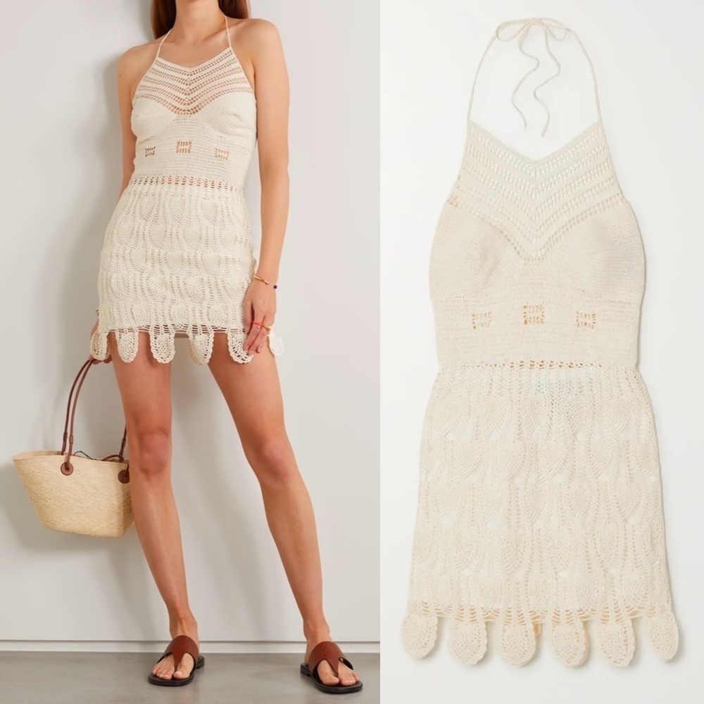 NEW! LOEWE- Crocheted Cotton Halterneck Mini Dress Off White Beige Size Large